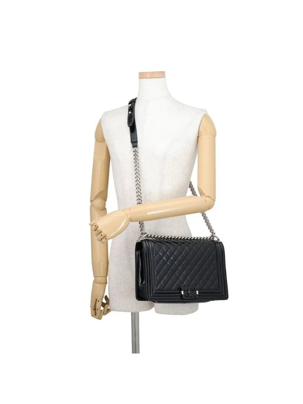 Chanel Chain Shoulder Bag Boy Large Quilted CC Logo Patent Black